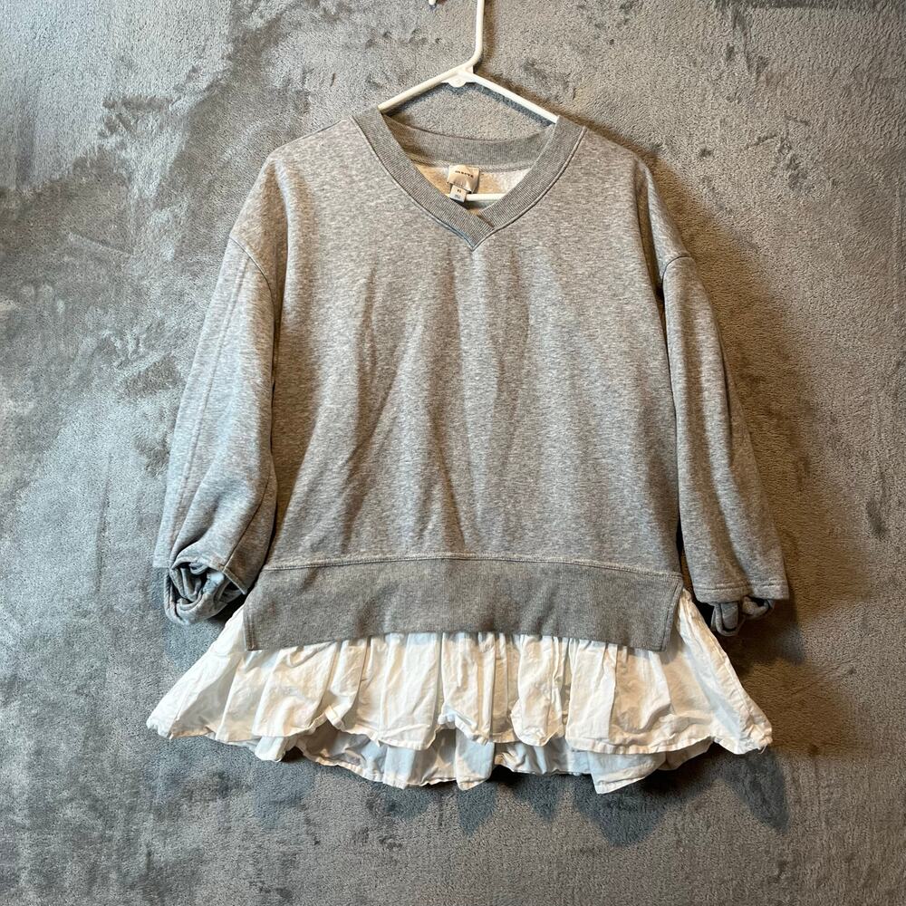 Maeve Gray V‑Neck Sweater Twofer with White Ruffle Hem